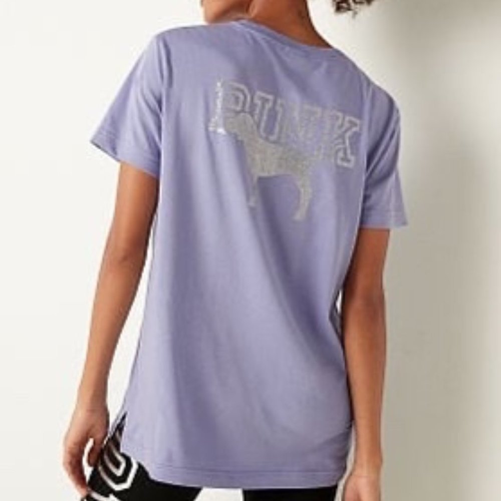 Victoria's Secret PINK Shine Short Sleeve Campus Tee Dusty Periwinkle Medium NEW
